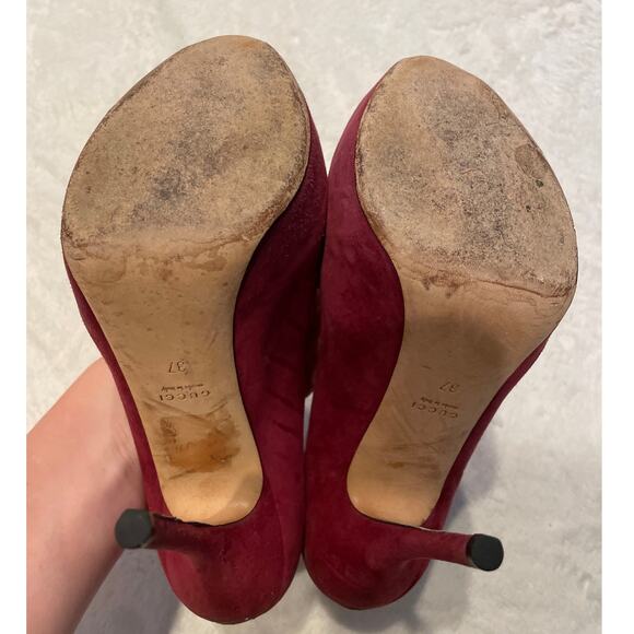 GUCCI Women's Suede Peep Toe Platform Pumps Size 37 Burgundy Stiletto Heel - Picture 7 of 9